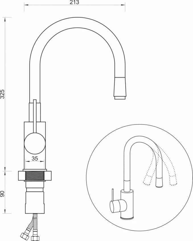 #6150B Baterija za sudoperu MINOTTI TUBO sa 2 cijevi gibljiva mat crna - Image 2